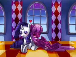 Size: 989x745 | Tagged: safe, artist:mewball, derpibooru import, cheerilee, rarity, earth pony, pony, unicorn, blushing, crack shipping, eyes closed, female, happy, heart, lesbian, mare, on back, photoshop, prone, rarepair, rarilee, shipping