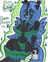 Size: 900x1163 | Tagged: suggestive, artist:shydeathkitty, derpibooru import, queen chrysalis, anthro, breasts, busty queen chrysalis