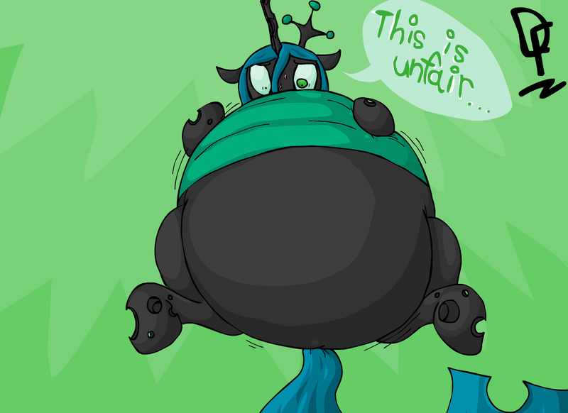 Size: 1595x1160 | Tagged: artist:de-flator, changeling, changeling queen, derpibooru import, fat, female, inflation, queen chrysalard, queen chrysalis, questionable, stuffed