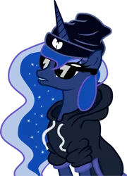 Size: 500x694 | Tagged: artist:miketheuser, clothes, dat butt, derpibooru import, gangsta, headband, hoodie, meme, princess luna, safe, simple background, solo, sunglasses, wu tang clan