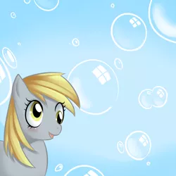 Size: 666x666 | Tagged: safe, artist:mewball, derpibooru import, derpy hooves, pegasus, pony, bubble, female, happy, mare, solo