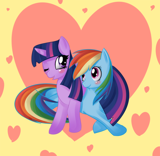 Size: 875x855 | Tagged: safe, artist:mewball, derpibooru import, rainbow dash, twilight sparkle, pegasus, pony, unicorn, abstract background, blushing, female, happy, heart, lesbian, mare, shipping, twidash, wink