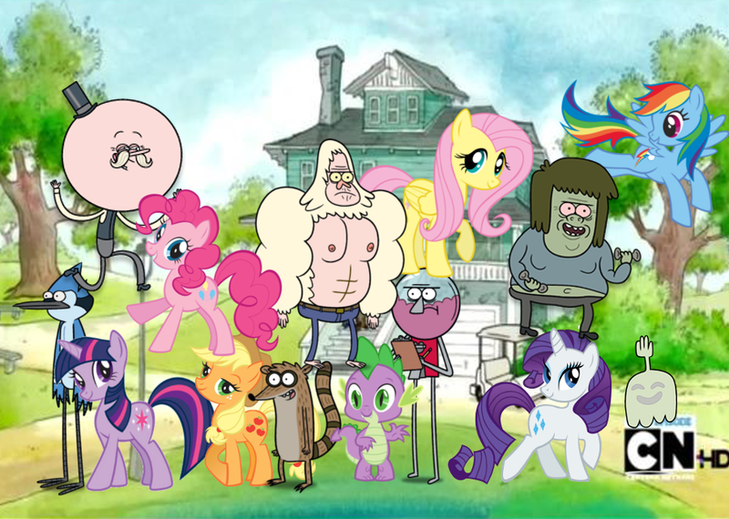 Size: 900x641 | Tagged: applejack, artist:andrestoons, benson, cartoon network, crossover, derpibooru import, fluttershy, high-five ghost, mane six, mordecai, mordecai and rigby, muscle man, pinkie pie, pops, rainbow dash, rarity, regular show, rigby, safe, skips, spike, twilight sparkle