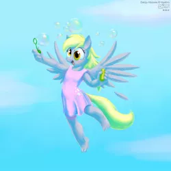 Size: 800x800 | Tagged: anthro, artist:drjavi, barefoot, bubble, clothes, derpibooru import, derpy hooves, dress, feet, happy, plantigrade anthro, safe, solo