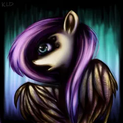 Size: 1200x1200 | Tagged: safe, artist:klalaskaxd, derpibooru import, fluttershy, pegasus, pony, abstract background, bust, eyelashes, fear, female, mare, open mouth, profile, scared, solo, spread wings, wings