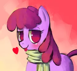 Size: 566x521 | Tagged: safe, artist:mewball, derpibooru import, berry punch, berryshine, earth pony, pony, blushing, clothes, female, heart, looking at you, mare, no pupils, raspberry, scarf, solo, tongue out