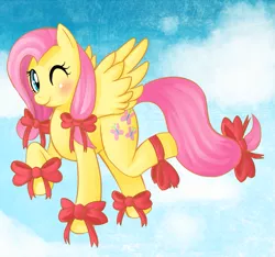 Size: 963x900 | Tagged: safe, artist:mewball, derpibooru import, fluttershy, pegasus, pony, blushing, bow, female, flying, hair bow, mare, present, ribbon, solo, tail bow, wink