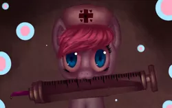 Size: 788x495 | Tagged: semi-grimdark, artist:mewball, derpibooru import, nurse redheart, earth pony, pony, :3, abstract background, adoracreepy, blood, creepy, cute, female, happy cute little murder, looking at you, mare, mouth hold, solo, syringe
