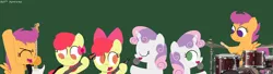 Size: 5500x1500 | Tagged: safe, artist:dtcx97, derpibooru import, apple bloom, scootaloo, sweetie belle, earth pony, pegasus, pony, unicorn, band, bow, cutie mark crusaders, eyes closed, female, filly, foal, guitar, hair bow, hooves, horn, lineless, microphone, older, open mouth, post-crusade, self ponidox, smiling, spread wings, wings