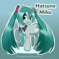 Size: 600x600 | Tagged: safe, artist:canarycharm, derpibooru import, ponified, pony, aqua eyes, aqua hair, collar, crossover, female, hatsune miku, looking at you, mare, necktie, pigtails, twintails, vocaloid