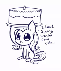 Size: 600x700 | Tagged: safe, artist:solar-slash, derpibooru import, fluttershy, pony, cake, chibi, dialogue, female, food, mare, missing cutie mark, open mouth, sitting, solo, three quarter view