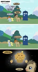 Size: 800x1500 | Tagged: safe, artist:sociox, derpibooru import, derpy hooves, doctor whooves, time turner, earth pony, pegasus, pony, box, comic, doctor who, female, male, mare, muffin, no more ponies at source, stallion, tardis