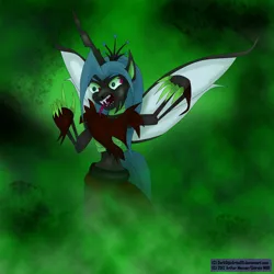 Size: 900x900 | Tagged: grimdark, artist:darkdijinartie89, derpibooru import, queen chrysalis, anthro, changeling, bloodshot eyes, claws, fangs, female, frown, mist, open mouth, signature, skeletal, solo, standing, tongue out