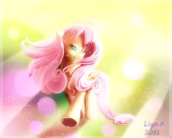 Size: 756x604 | Tagged: safe, artist:glitchyfoxes, artist:ligax, derpibooru import, fluttershy, pegasus, pony, abstract background, bright, crepuscular rays, female, folded wings, head turn, looking at you, mare, reaching, smiling, solo, sparkles, stray strand, three quarter view, windswept mane, wings