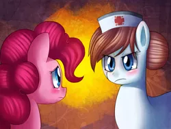 Size: 1000x750 | Tagged: safe, artist:mewball, derpibooru import, nurse redheart, pinkie pie, earth pony, pony, abstract background, angry, eye contact, female, looking at each other, mare, scene interpretation