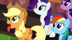 Size: 1240x700 | Tagged: safe, derpibooru import, screencap, applejack, rainbow dash, rarity, twilight sparkle, mmmystery on the friendship express, animated, behaving like a dog, drool, glare, open mouth, tongue out
