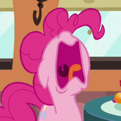 Size: 338x338 | Tagged: safe, derpibooru import, screencap, pinkie pie, mmmystery on the friendship express, aaugh!, animated, missing nostrils, nose in the air, screaming, solo, tongue out, uvula, uvula shaking, volumetric mouth