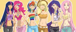 Size: 1344x582 | Tagged: applejack, artist:zoe-productions, bandeau, belly button, bellyring, clothes, derpibooru import, fluttershy, humanized, jeans, mane six, midriff, pinkie pie, rainbow dash, rarity, safe, skinny, subjectively immodest, twilight sparkle