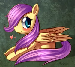 Size: 803x716 | Tagged: safe, artist:mewball, derpibooru import, fluttershy, pegasus, pony, abstract background, blushing, female, filly, filly fluttershy, foal, happy, heart, mare, prone, solo, younger