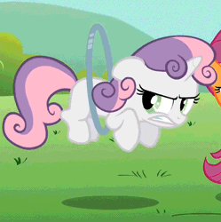 Size: 492x494 | Tagged: animated, cropped, derpibooru import, hopping, loop-de-hoop, safe, scootaloo, screencap, solo focus, sweetie belle, the cutie pox