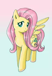 Size: 1528x2232 | Tagged: safe, artist:lotothetrickster, derpibooru import, fluttershy, pegasus, pony, female, head turn, looking at you, mare, one wing out, simple background, solo, spread wings, standing, three quarter view, white background, wings