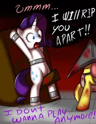Size: 840x1080 | Tagged: artist:kloudmutt, blood, bondage, dead source, derpibooru import, fluttershy, imminent rape, konami, pyramid head, rarity, semi-grimdark, silent hill, this will end in death, this will end in tears and/or death, wooden horse