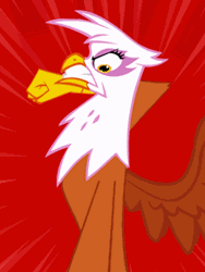 Size: 218x290 | Tagged: safe, artist:misterdavey, derpibooru import, gilda, gryphon, angry, animated, female, fist, gif, gilda wants you to shut up, grimdark source, implied abuse, implied pinkie pie, offscreen character, punch, rage, red background, simple background, solo, spread wings, wings, youtube link