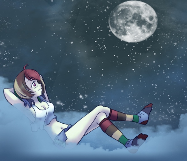 Size: 648x560 | Tagged: armpits, artist:zoe-productions, clothes, cloud, cloudy, derpibooru import, humanized, moon, night, rainbow dash, rainbow socks, safe, shorts, sky, smiling, socks, solo, stars, striped socks