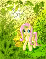 Size: 1950x2525 | Tagged: safe, artist:lotothetrickster, derpibooru import, fluttershy, pegasus, pony, female, folded wings, forest, mare, outdoors, raised hoof, solo, three quarter view, walking, wings