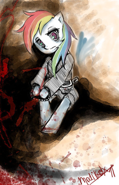 Size: 480x745 | Tagged: artist:modikox, blood, derpibooru import, grimdark, konami, rainbow dash, silent hill