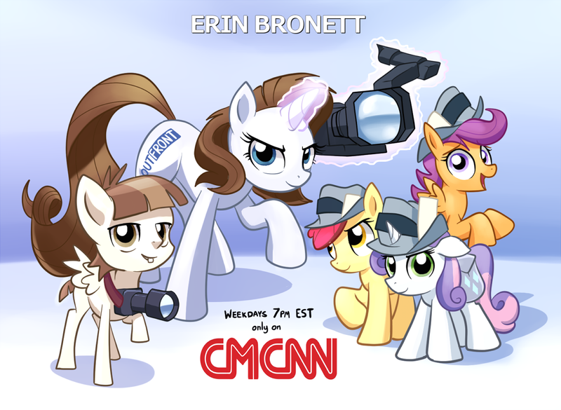 Size: 1100x804 | Tagged: apple bloom, artist:gsphere, cable news network, camera, cnn, cutie mark crusaders, derpibooru import, erin bro-nett, featherweight, safe, scootaloo, sweetie belle