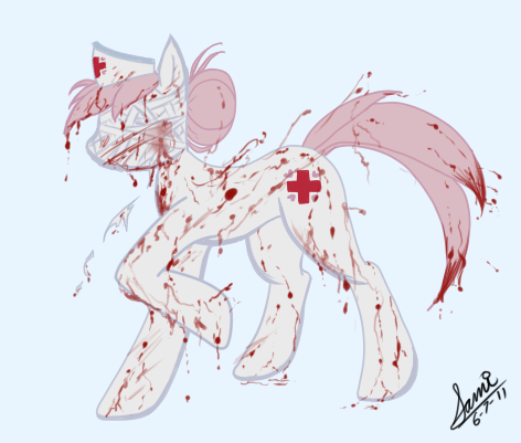 Size: 472x401 | Tagged: artist:colorstripes, blood, derpibooru import, grimdark, konami, nurse redheart, silent hill