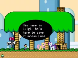 Size: 787x591 | Tagged: animated at source, crossover, derpibooru import, dialogue, flash, fluttershy, human, luigi, mario, rarity, safe, sprite, super mario bros., super mario world, youtube link