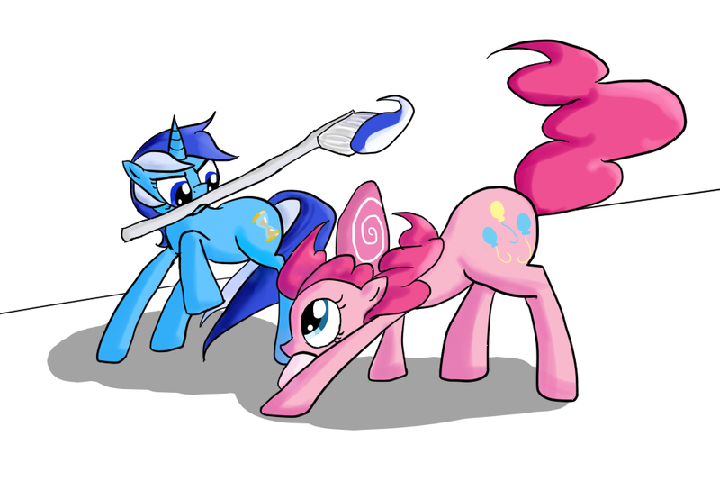 Size: 979x654 | Tagged: artist:qaxis, derpibooru import, minuette, pinkie pie, safe, toothbrush, toothpaste