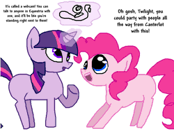 Size: 800x600 | Tagged: artist:the weaver, blank flank, derpibooru import, dialogue, magic, pinkie pie, safe, simple background, twilight sparkle, webcam, white background