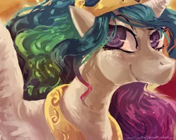 Size: 1280x1024 | Tagged: safe, artist:foreversoaring, derpibooru import, princess celestia, alicorn, pony, bust, female, gimp, mare, paint tool sai, portrait, smiling, solo