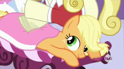 Size: 480x270 | Tagged: safe, derpibooru import, screencap, applejack, earth pony, pony, ponyville confidential, animated, female, grin, hoofy-kicks, lidded eyes, looking up, mare, massage, open mouth, prone, smiling, solo focus, talking
