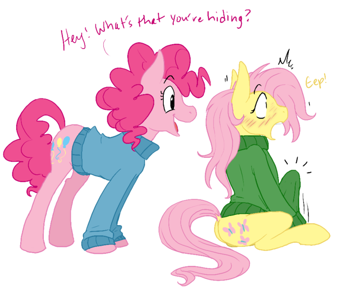 Size: 924x802 | Tagged: artist:cartoonlion, bottomless, clothes, colored, derpibooru import, erection, fluttershy, futa, futa fluttershy, hiding erection, inconvenient erection, intersex, nudity, oc, oc:futashy, penis, pinkie pie, questionable, sweater, sweatershy