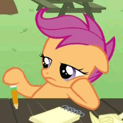 Size: 350x350 | Tagged: animated, bored, derpibooru import, pencil, ponyville confidential, safe, scootaloo, screencap, solo