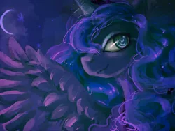 Size: 1600x1200 | Tagged: safe, artist:foreversoaring, derpibooru import, princess luna, alicorn, pony, bust, crescent moon, female, gimp, mare, moon, paint tool sai, portrait, profile, smiling, solo, spread wings, wings