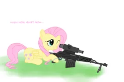 Size: 1202x802 | Tagged: safe, artist:nimbostratus, derpibooru import, fluttershy, pegasus, pony, cutie mark, dialogue, dragunov, female, gun, hooves, hush now quiet now, mare, one eye closed, optical sight, prone, rifle, simple background, smiling, sniper, sniper rifle, snipershy, sniperskya vintovka dragunova, solo, svd, teeth, weapon, white background, wings