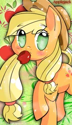 Size: 1090x1900 | Tagged: apple, applejack, artist:llamaswithkatanas, cute, derpibooru import, eye clipping through hair, food, jackabetes, nom, obligatory apple, safe, solo