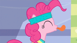 Size: 500x281 | Tagged: safe, derpibooru import, edit, edited screencap, screencap, pinkie pie, a friend in deed, animated, exercise, eyes closed, headband, loop, solo, tongue out, workout outfit