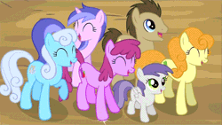 Size: 750x422 | Tagged: animated, background pony, berry punch, berryshine, carrot top, derpibooru import, doctor whooves, golden harvest, it's about time, laughing, laughingmares.jpg, linky, loop, safe, screencap, seafoam, sea swirl, shoeshine, stomping, time turner, tornado bolt