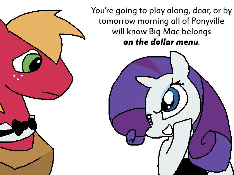 Size: 800x600 | Tagged: questionable, artist:the weaver, derpibooru import, big macintosh, rarity, pony, abuse, bipedal, blackmail, implied small penis, macabuse, simple background, white background