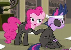 Size: 510x360 | Tagged: safe, derpibooru import, screencap, pinkie pie, twilight sparkle, earth pony, pony, unicorn, it's about time, animated, bandage, bedroom eyes, catsuit, eyepatch, floppy ears, future twilight, out of context, rubbing, sitting, smiling