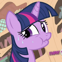 Size: 391x393 | Tagged: all new, animated, derpibooru import, hub logo, invisible stallion, it's about time, safe, screencap, sweat, text, twilight sparkle