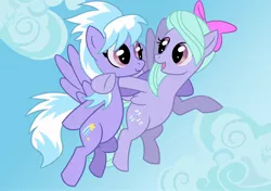 Size: 2480x1748 | Tagged: safe, artist:veganya, derpibooru import, cloudchaser, flitter, pegasus, pony, bow, cloud, duo, duo female, female, flying, hair bow, looking at each other, mare, sky, spread wings, wings