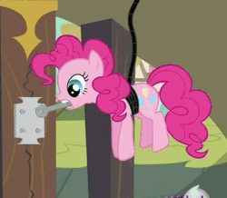 Size: 514x449 | Tagged: animated, bridge, derpibooru import, hanging, hub logo, it's about time, loop, mouth hold, pinkie pie, rope, safe, screencap, solo, wrench