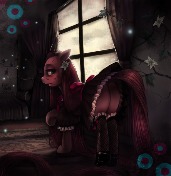 Size: 873x900 | Tagged: artist:crookedtrees, blood, clothes, dark, dead source, derpibooru import, grimdark, maid, pinkamena diane pie, pinkie pie, plot, skirt, suggestive, upskirt, window